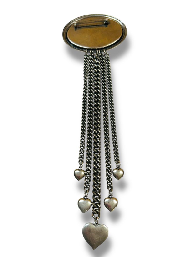 Silvertone Pewter Color Oversize Brooch Pin Fringe Hearts 9.5"