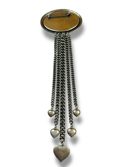 Silvertone Pewter Color Oversize Brooch Pin Fringe Hearts 9.5"