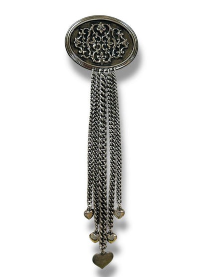 Silvertone Pewter Color Oversize Brooch Pin Fringe Hearts 9.5"
