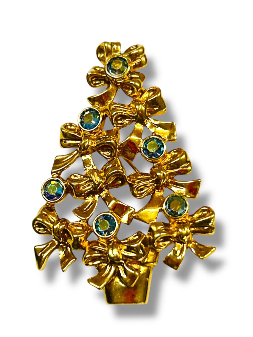 Goldtone Christmas Tree Brooch Pin Blue Green Accents Bows 2.25"