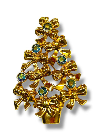 Goldtone Christmas Tree Brooch Pin Blue Green Accents Bows 2.25"