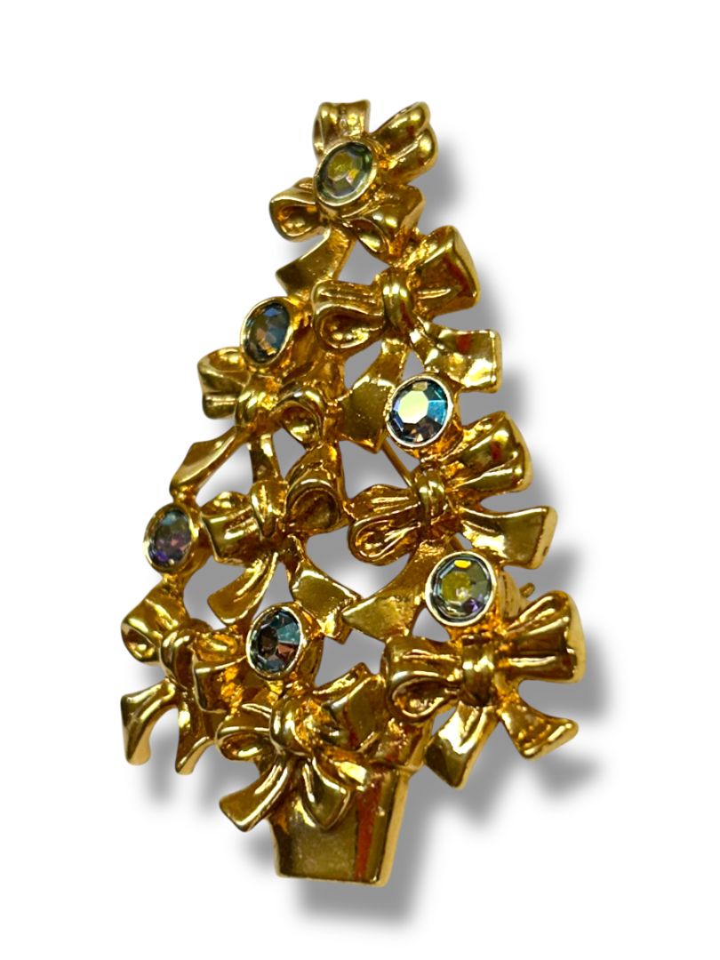 Goldtone Christmas Tree Brooch Pin Blue Green Accents Bows 2.25"