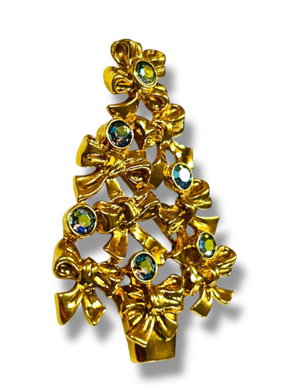 Goldtone Christmas Tree Brooch Pin Blue Green Accents Bows 2.25"