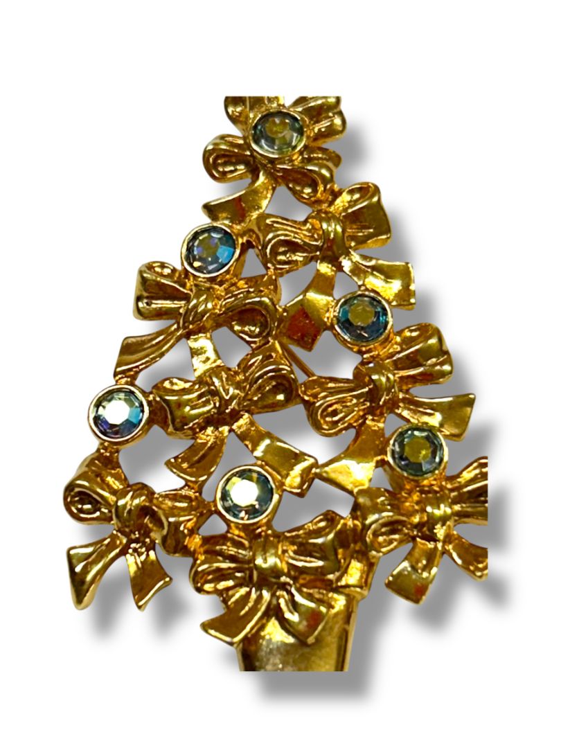 Goldtone Christmas Tree Brooch Pin Blue Green Accents Bows 2.25"