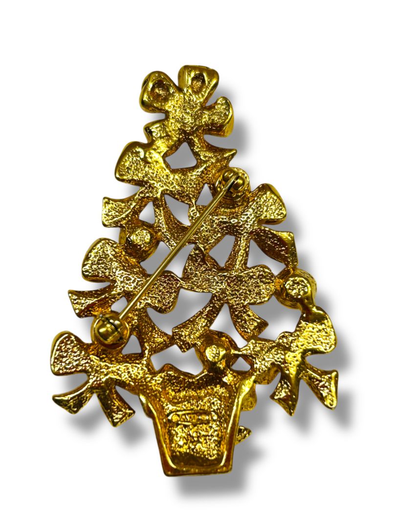 Goldtone Christmas Tree Brooch Pin Blue Green Accents Bows 2.25"