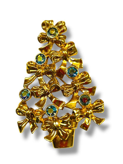 Goldtone Christmas Tree Brooch Pin Blue Green Accents Bows 2.25"