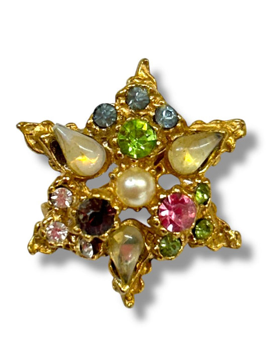 Vintage Petite Goldtone Celestial Star Brooch 1" Multicolor Glass Faux Pearl