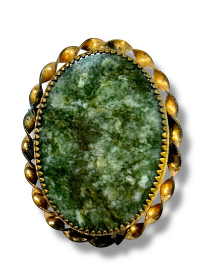 Vintage Green Agate Brooch Pin Pendant Goldtone Setting 1.2"