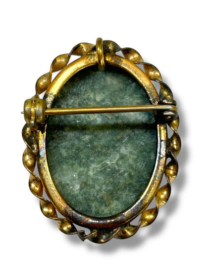 Vintage Green Agate Brooch Pin Pendant Goldtone Setting 1.2"