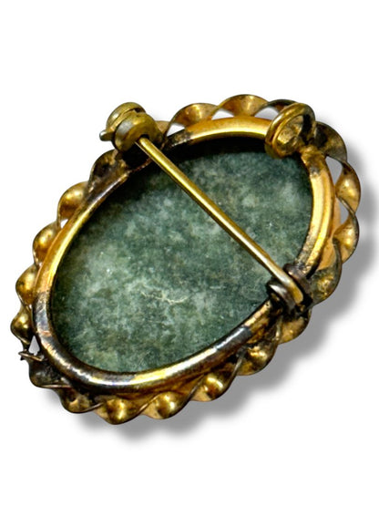 Vintage Green Agate Brooch Pin Pendant Goldtone Setting 1.2"