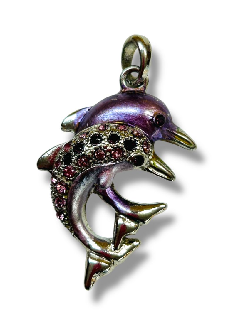 Silvertone Purple Dolphins Jumping Pendant for Necklace 1.5"
