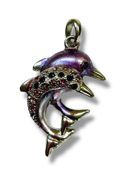 Silvertone Purple Dolphins Jumping Pendant for Necklace 1.5"