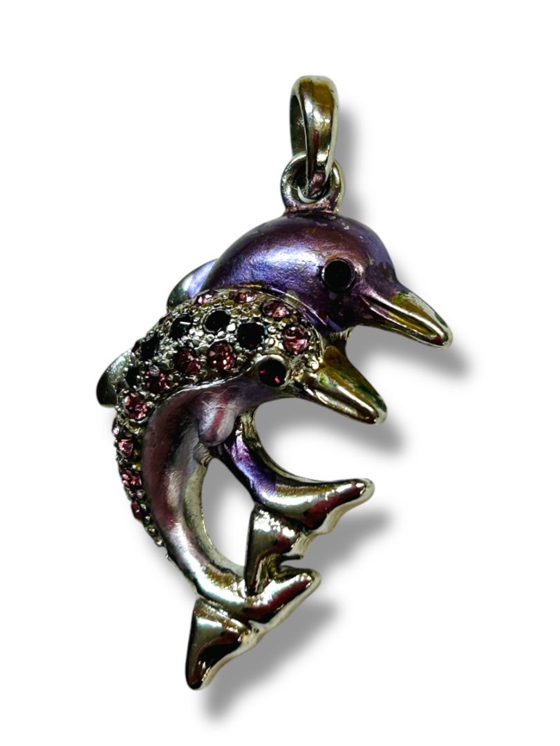 Silvertone Purple Dolphins Jumping Pendant for Necklace 1.5"