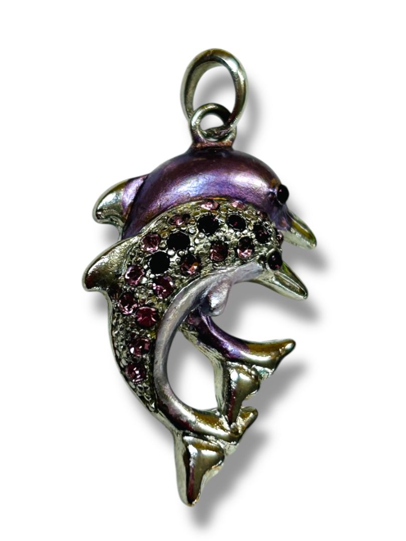 Silvertone Purple Dolphins Jumping Pendant for Necklace 1.5"