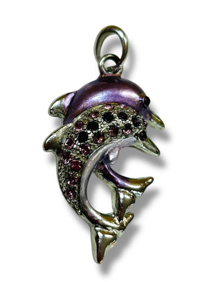 Silvertone Purple Dolphins Jumping Pendant for Necklace 1.5"