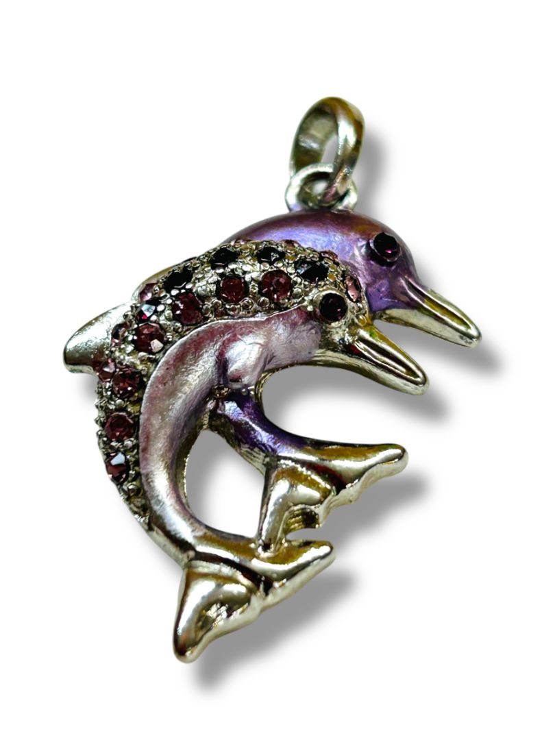 Silvertone Purple Dolphins Jumping Pendant for Necklace 1.5"