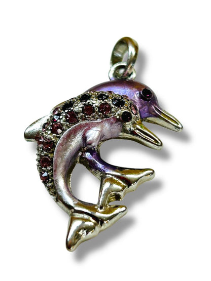 Silvertone Purple Dolphins Jumping Pendant for Necklace 1.5"