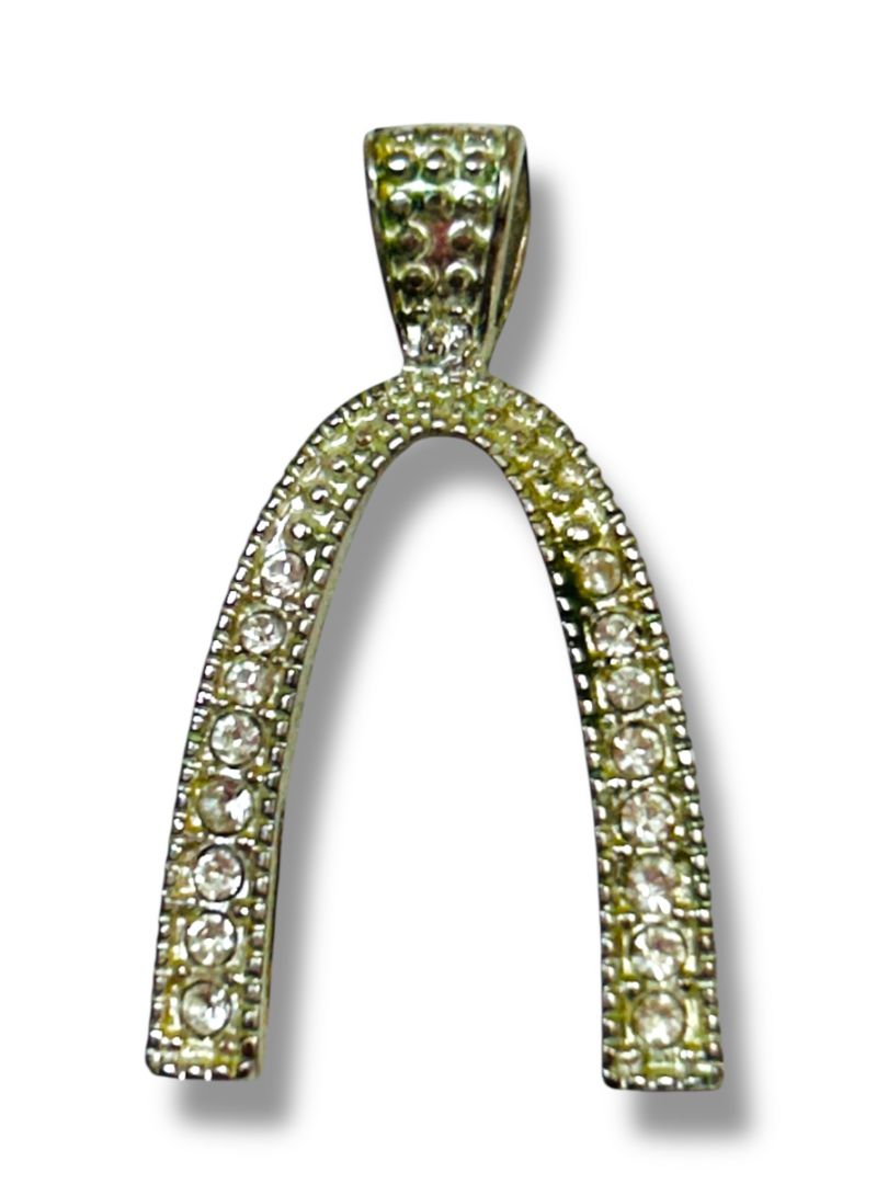 Silvertone Wishbone Pendant for Necklace Rhinestones 1"