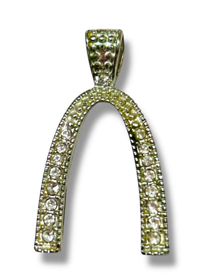 Silvertone Wishbone Pendant for Necklace Rhinestones 1"