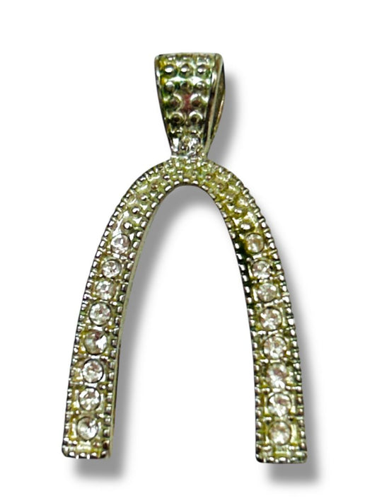 Silvertone Wishbone Pendant for Necklace Rhinestones 1"