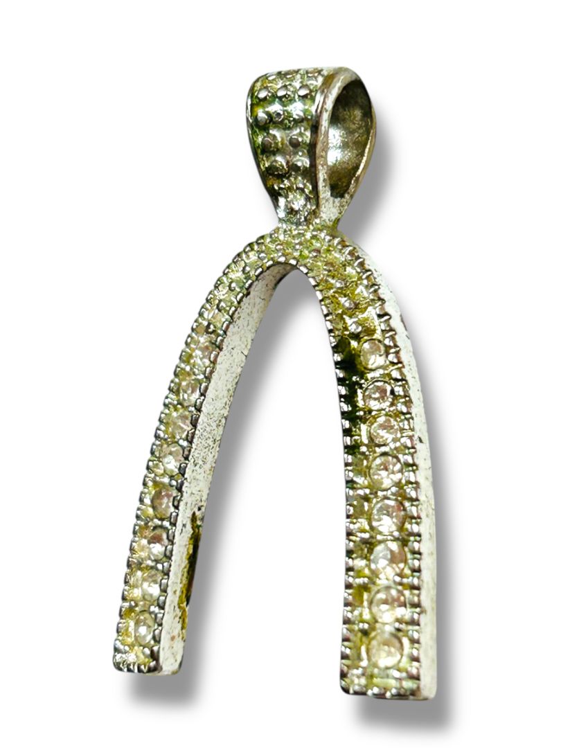 Silvertone Wishbone Pendant for Necklace Rhinestones 1"