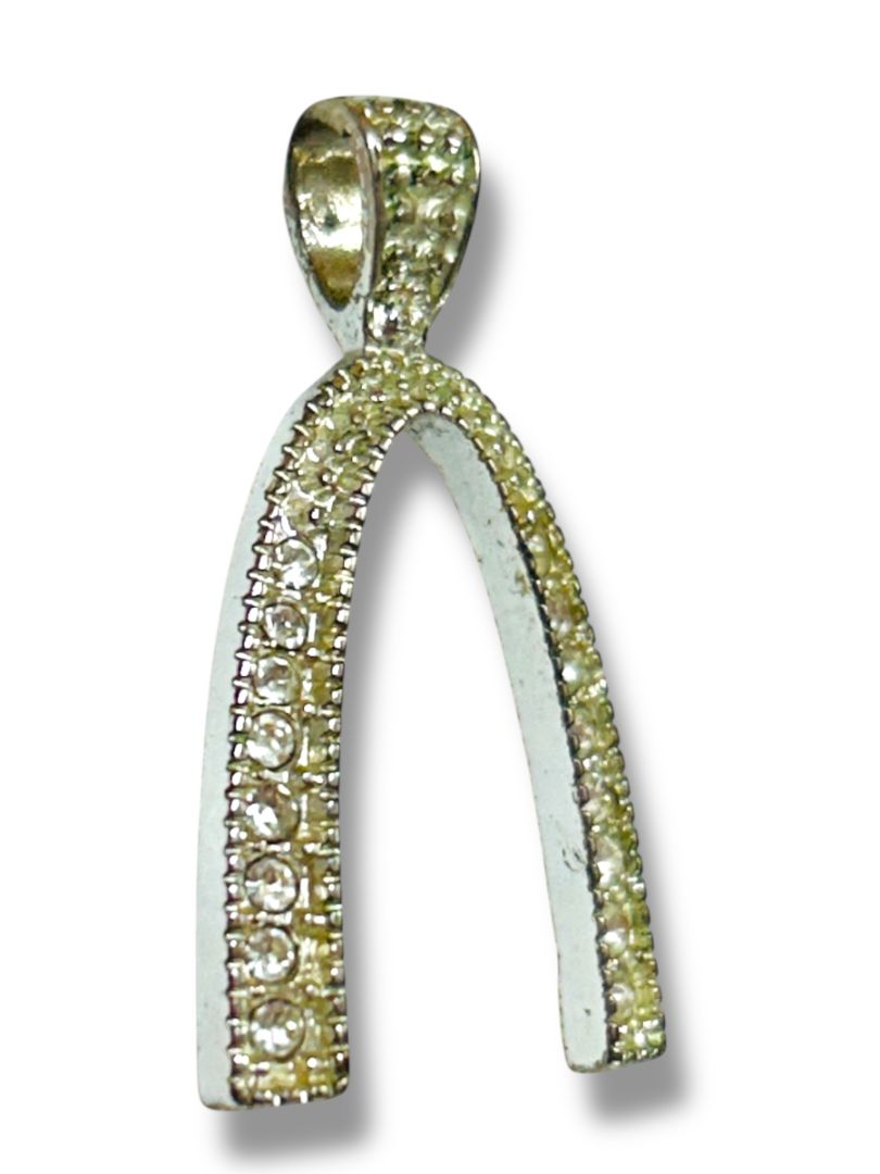 Silvertone Wishbone Pendant for Necklace Rhinestones 1"