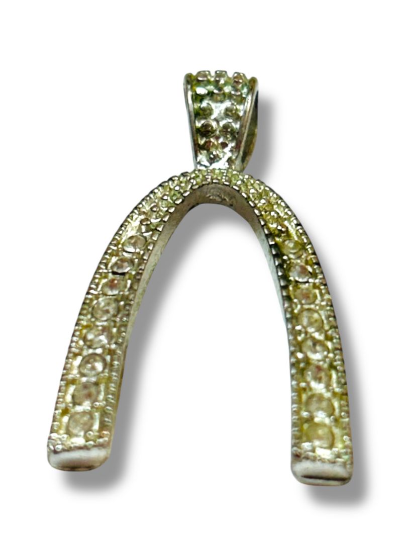 Silvertone Wishbone Pendant for Necklace Rhinestones 1"