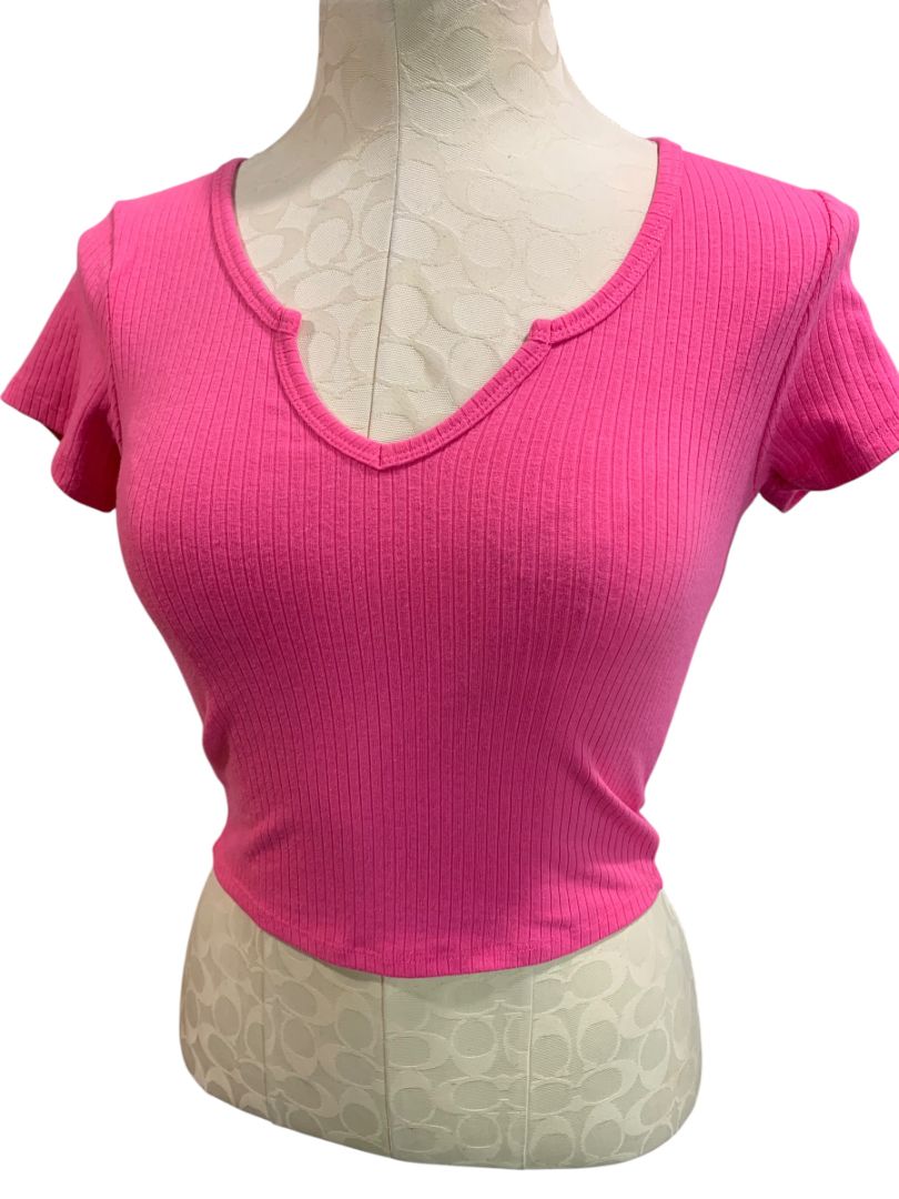 Small Bozzolo Womens Hot Pink Ribbed Cropped Tshirt