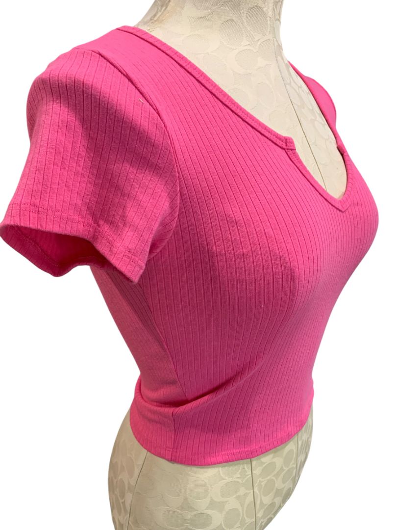 Small Bozzolo Womens Hot Pink Ribbed Cropped Tshirt