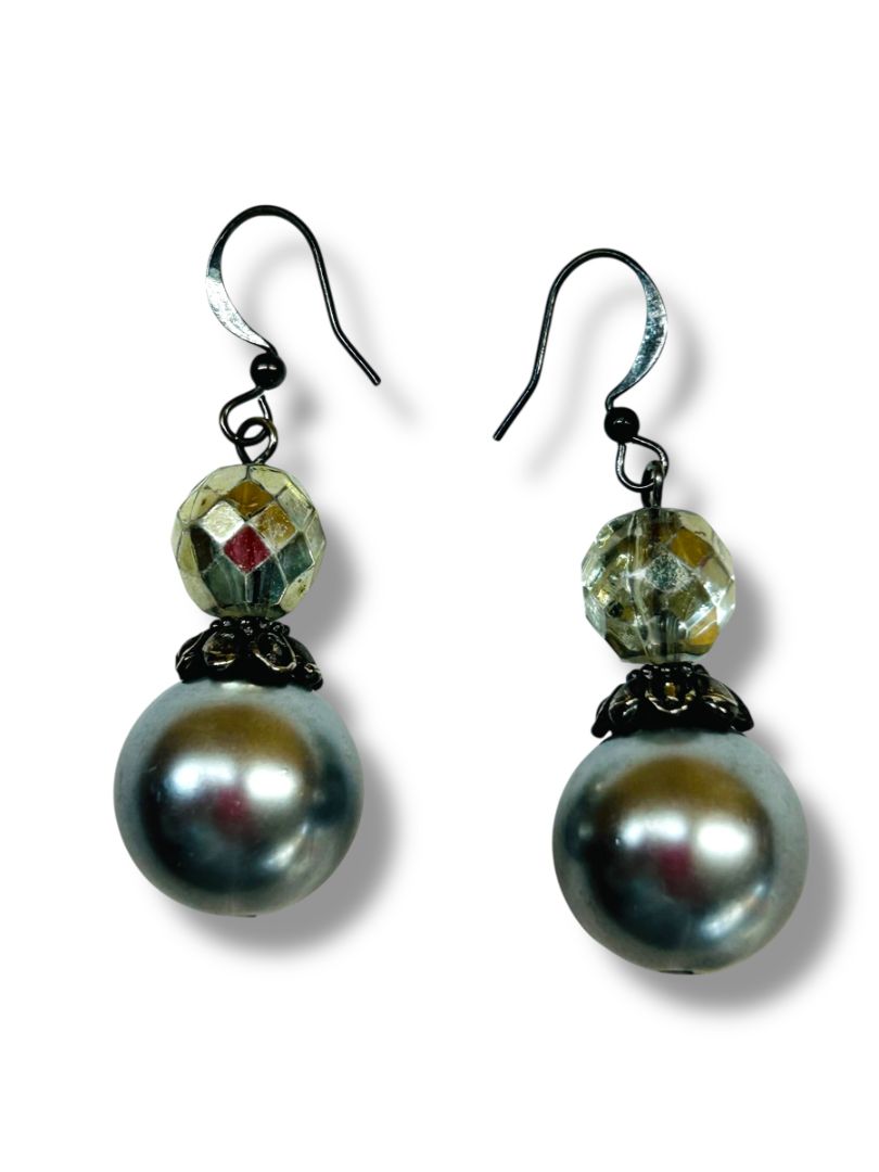 Silvertone Faux Pearl Drop Earrings Fishhook Pierced 1.75" Drop Dangle