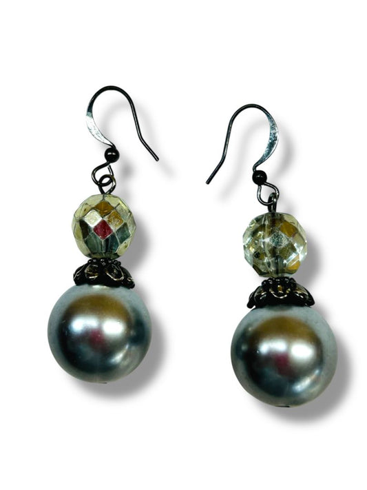 Silvertone Faux Pearl Drop Earrings Fishhook Pierced 1.75" Drop Dangle