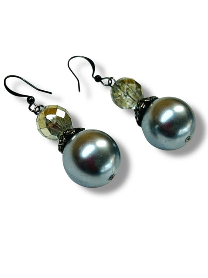 Silvertone Faux Pearl Drop Earrings Fishhook Pierced 1.75" Drop Dangle