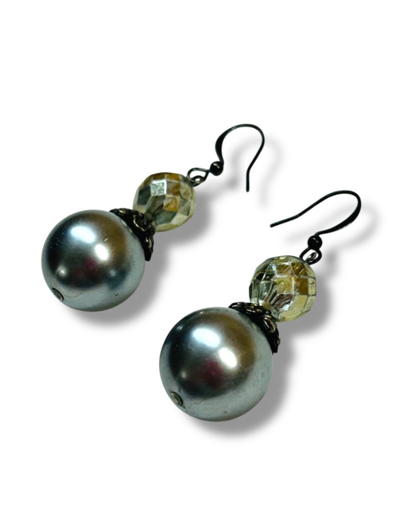 Silvertone Faux Pearl Drop Earrings Fishhook Pierced 1.75" Drop Dangle