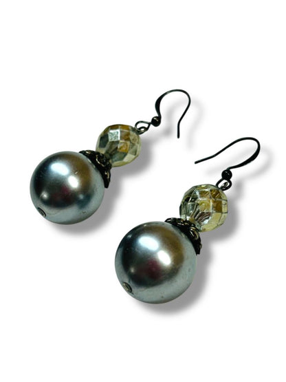 Silvertone Faux Pearl Drop Earrings Fishhook Pierced 1.75" Drop Dangle