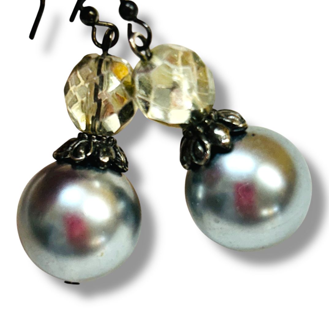Silvertone Faux Pearl Drop Earrings Fishhook Pierced 1.75" Drop Dangle