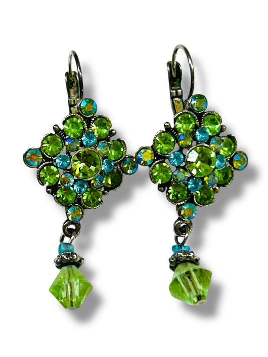 Silvertone Green Leverback Sparkly Earrings 2" Drop Dangle Pierced