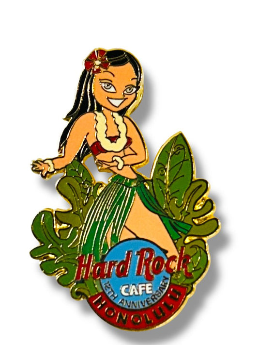 Vintage 12th Anniversary Honolulu Hula Girl Pin Hard Rock Cafe 2" Limited Edition