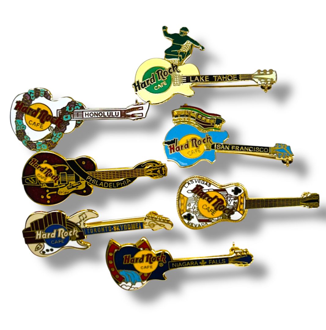Lot of 7 Hard Rock Cafe Pins 2.25" Honolulu Philadelphia Toronto More