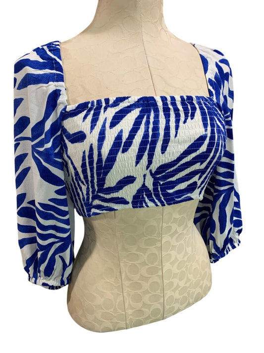 Small H&M Womens Blue White Crop Top Smocked Tie Shirt