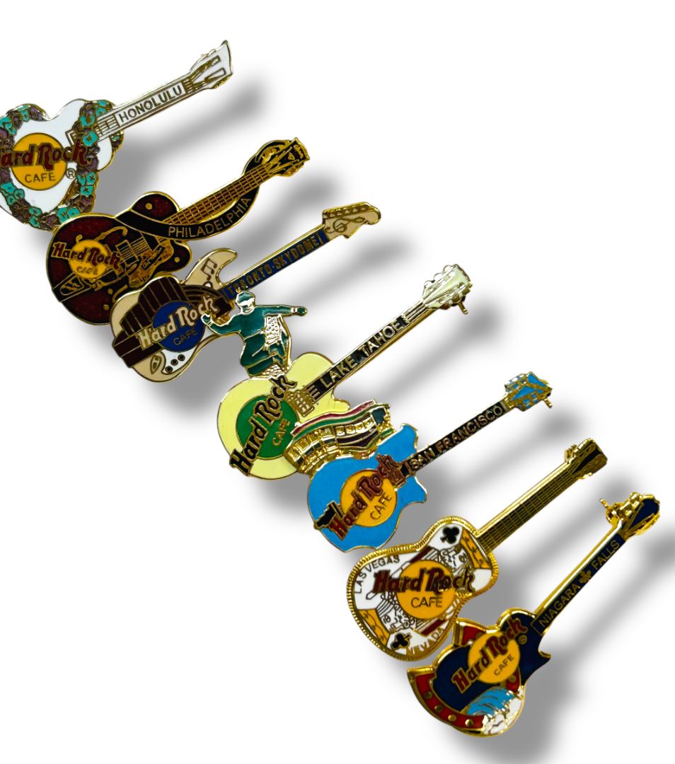 Lot of 7 Hard Rock Cafe Pins 2.25" Honolulu Philadelphia Toronto More
