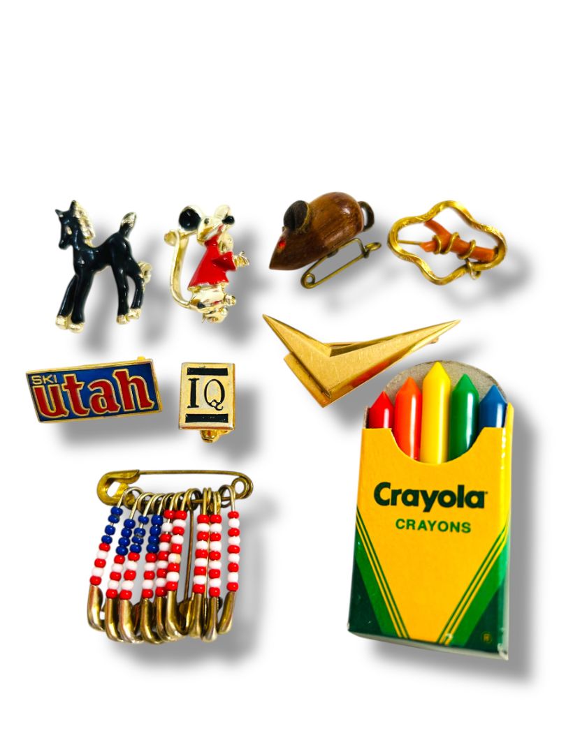 Lot of 9 Small Pins and Brooches Crayola Mouse Pony Ski Utah