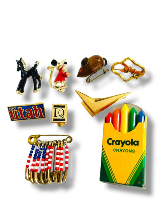 Lot of 9 Small Pins and Brooches Crayola Mouse Pony Ski Utah