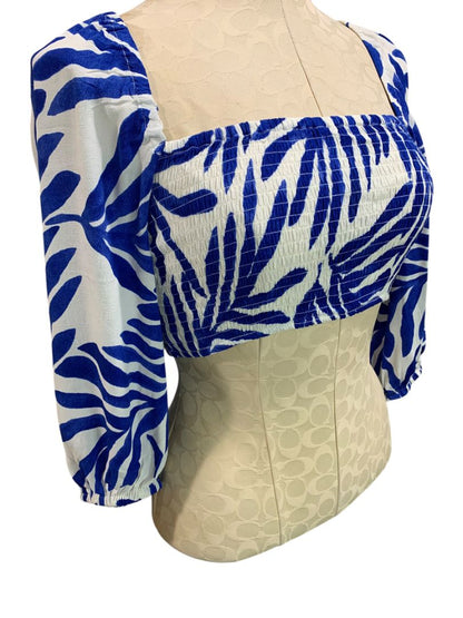 Small H&M Womens Blue White Crop Top Smocked Tie Shirt