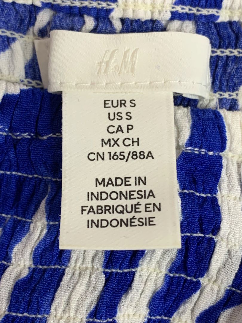 Small H&M Womens Blue White Crop Top Smocked Tie Shirt