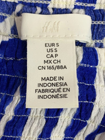 Small H&M Womens Blue White Crop Top Smocked Tie Shirt