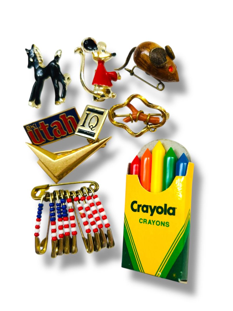Lot of 9 Small Pins and Brooches Crayola Mouse Pony Ski Utah