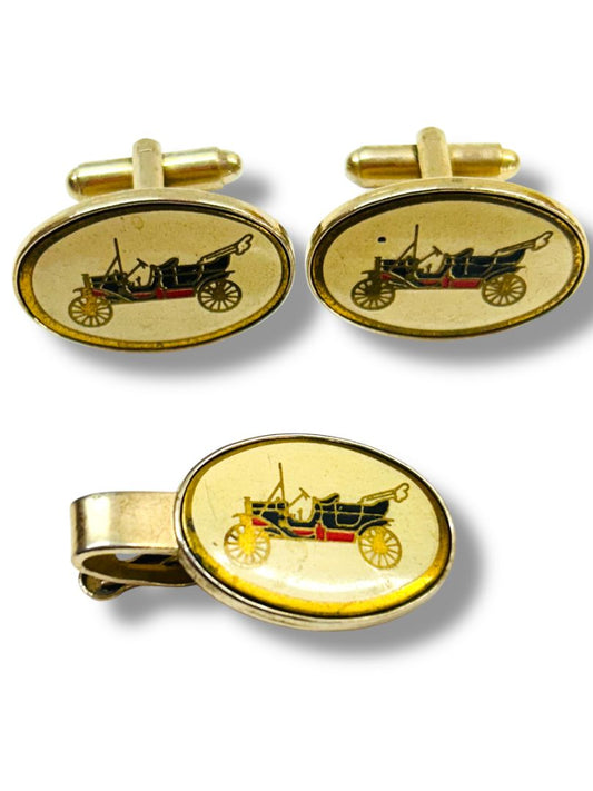 Vintage Cufflink and Tie Clip Bar Set Antique Car Bullet Back