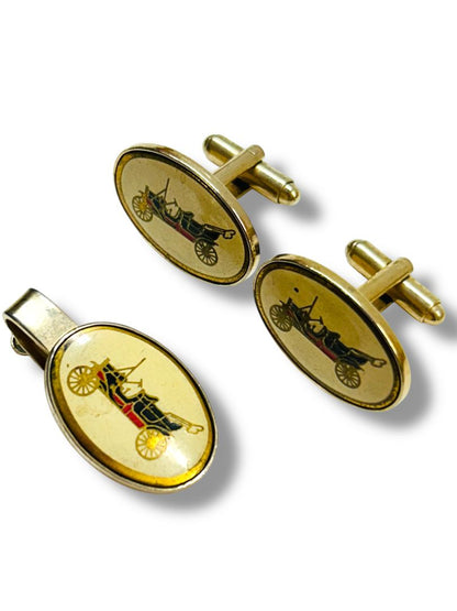 Vintage Cufflink and Tie Clip Bar Set Antique Car Bullet Back