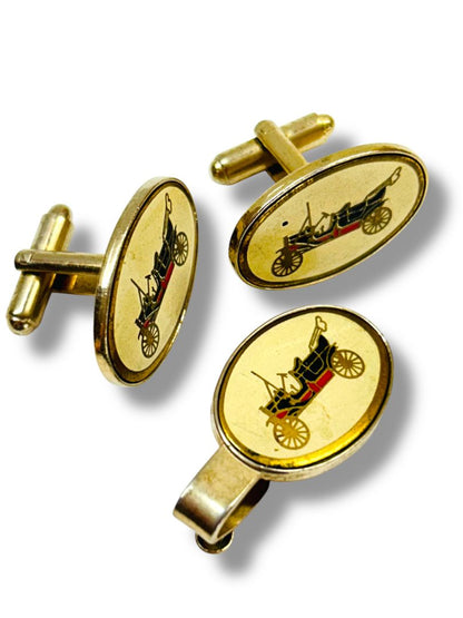 Vintage Cufflink and Tie Clip Bar Set Antique Car Bullet Back