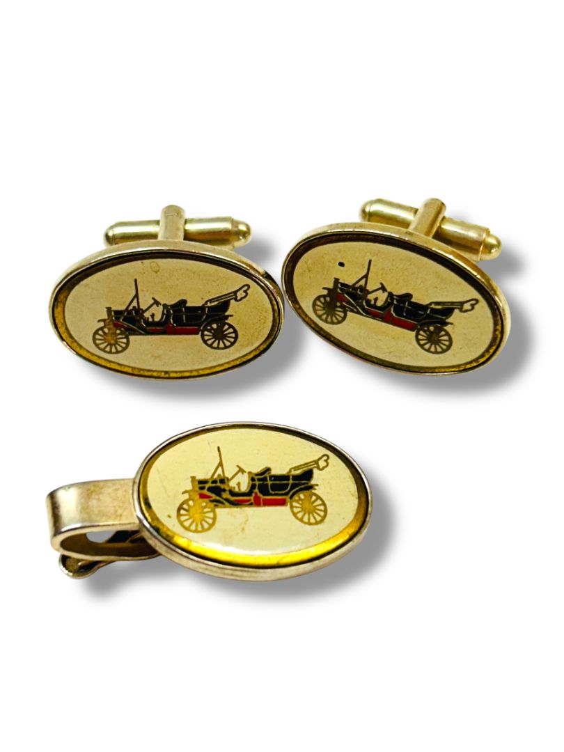 Vintage Cufflink and Tie Clip Bar Set Antique Car Bullet Back